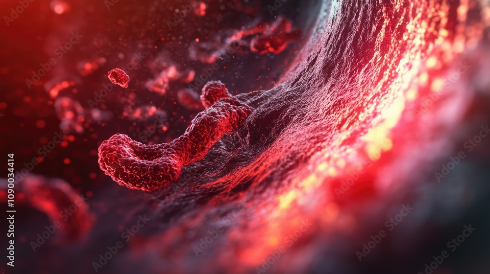 Poster detailed microscopic view of an artery with fat plaque buildup, demonstrating the consequences of at