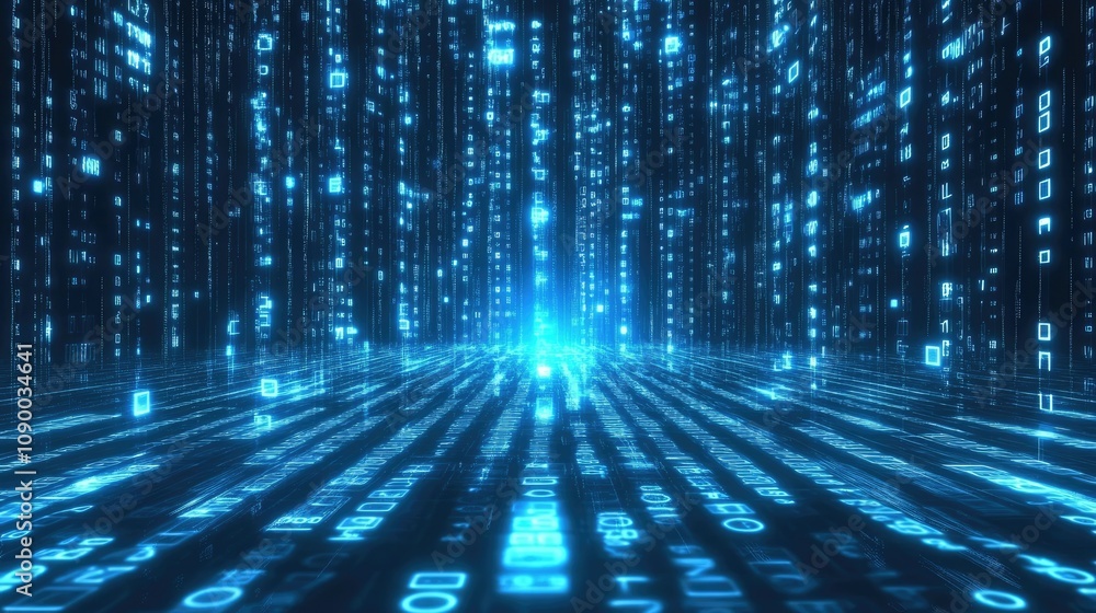 Aufkleber Glowing lines and binary code on an abstract blue background, depicting the evolution of technology and data transfer.