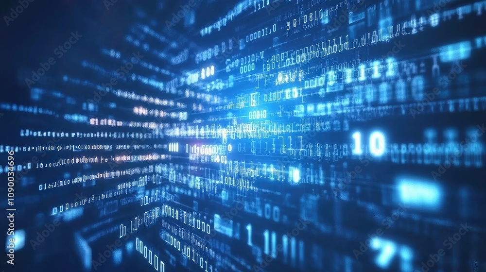 Aufkleber Glowing lines and binary code on an abstract blue background, depicting the evolution of technology and data transfer.
