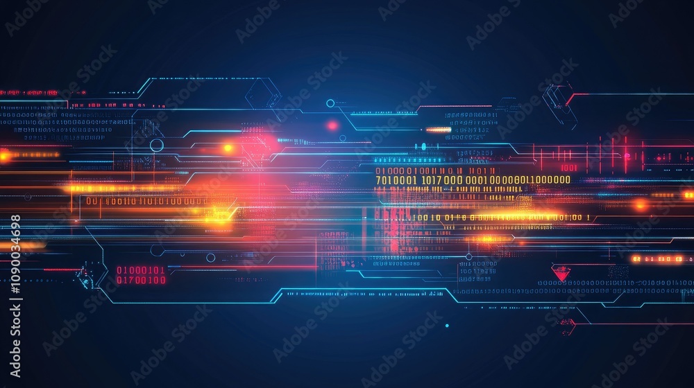 Poster Glowing lines and binary code on an abstract blue background, depicting the evolution of technology and data transfer.