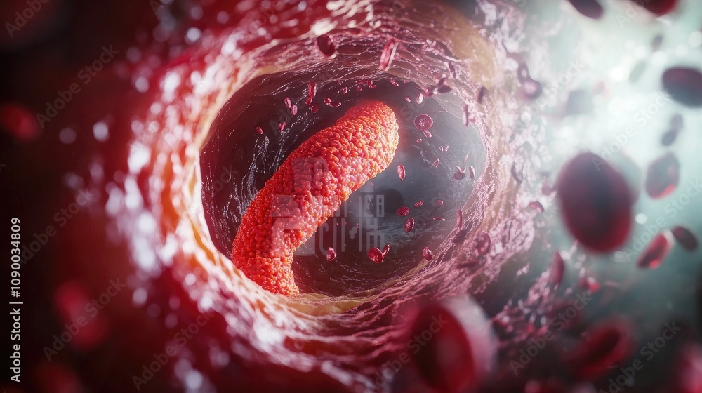 Poster microscopic view of fat plaque inside an artery, illustrating a blockage and how it affects blood fl