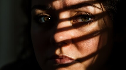 Close-up portrait of a woman's face, partially obscured by shadows.