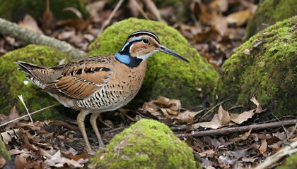 Portrait of a colorful Woodcock (Scolopax), in natural surroundings among moss and foliage, highlighted by its detailed plumage