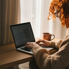 Fototapeta premium Hands typing on a laptop with a cozy cup of tea on the side in a home office
