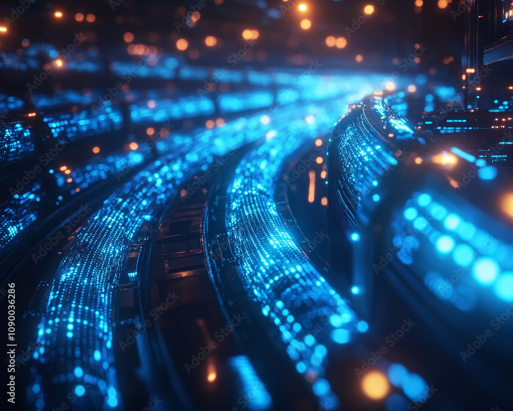 Poster close up view of glowing blue cables in high tech data center, showcasing intricate patterns and vibrant lights that create futuristic atmosphere