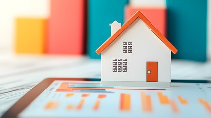 Modern Digital Tablet Displaying Property Analytics with a Miniature House Model on a Wooden Surface