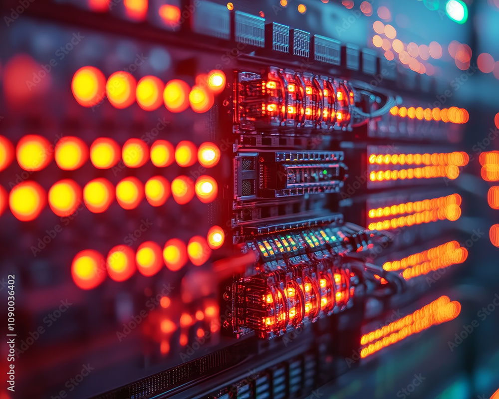 Poster close up of glowing cables in high tech data center, showcasing vibrant red lights and intricate con