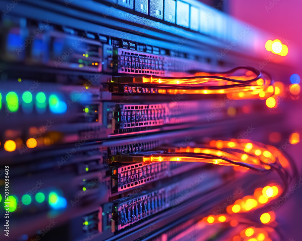 Aufkleber close up of glowing cables in high tech data center, showcasing vibrant lights and intricate connect