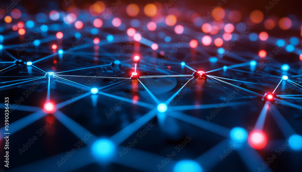 Poster vibrant network of illuminated connections in blue and red light, showcasing digital landscape. glow
