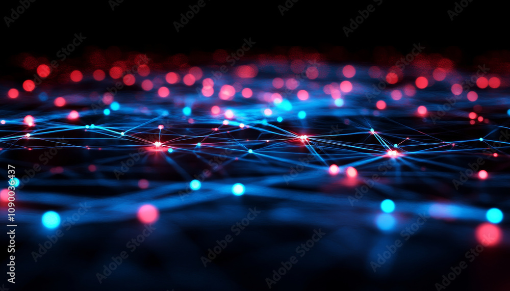 Poster cyber connections illuminated by blue and red light create vibrant network of glowing nodes and line