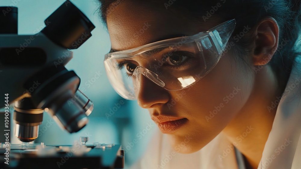 Poster focused scientist observing sample under microscope with precise attention, highlighting dedication 