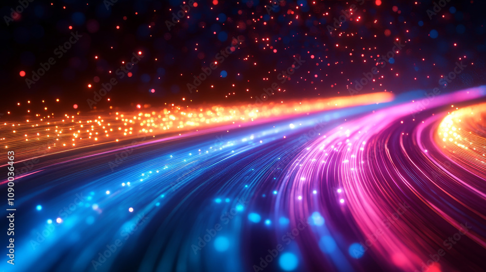 Poster dynamic light particles flow in vibrant colors, creating mesmerizing cyberpunk aesthetic. scene capt