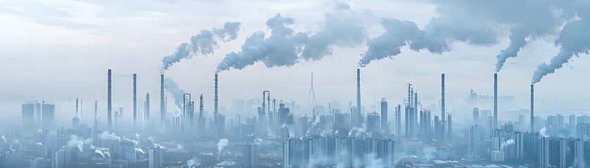 Fototapeta premium Industrial emissions contributing to climate change depicted through a skyline filled with smokestacks releasing pollution into the atmosphere, representing environmental concerns