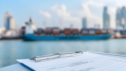 Customs Form Placed on Shipment with Cargo Ships in Background Focused on Maritime Logistics and Transportation Processes