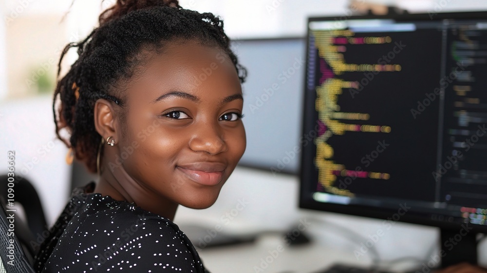 Poster young african american woman smiling while working on computer in modern workspace, showcasing progr