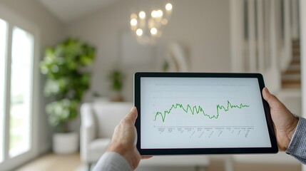 Fototapeta premium Real Estate Agent Showcasing Housing Market Trends with Graph on Tablet in Bright Modern Living Space