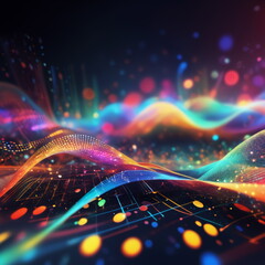 Abstract background ideal for digital, technologies, data science, scientific, neural networks, AI, network, data transmission and analysis, audio and visual concept.