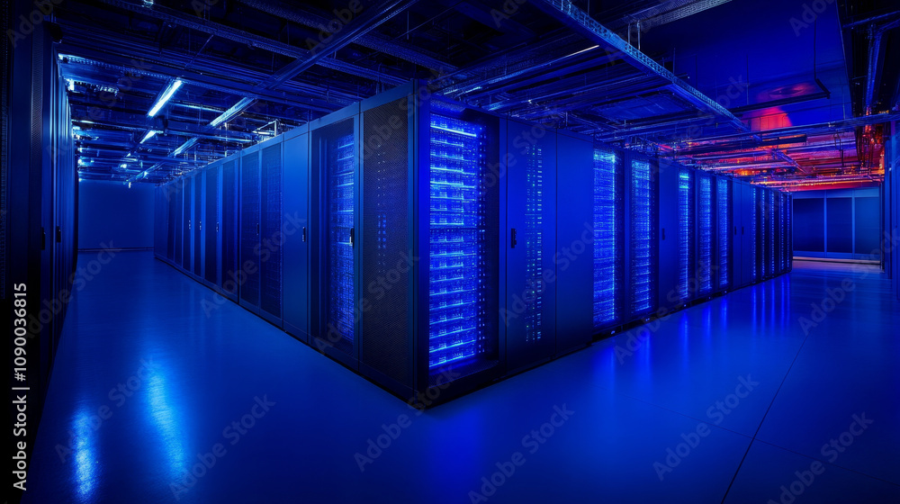 Poster dynamic interior of data center featuring blue technology and illuminated server racks, creating fut
