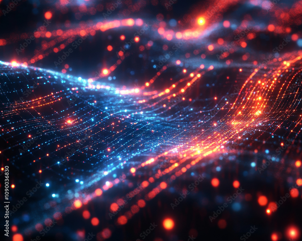 Poster dynamic representation of fiber optic technology with glowing lights, showcasing vibrant blue and re