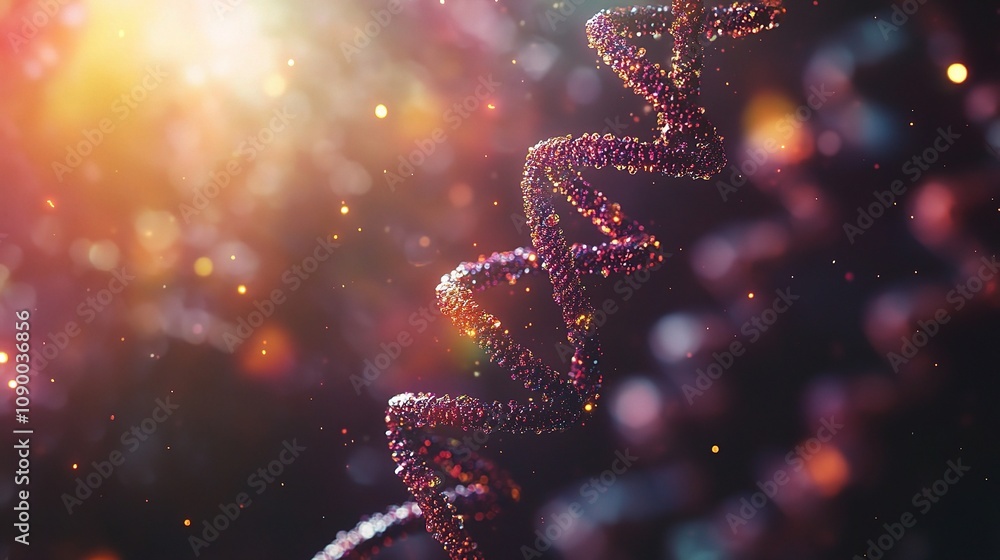 Poster abstract representation of dna helix with vibrant colors and sparkling particles, showcasing sci-fi 