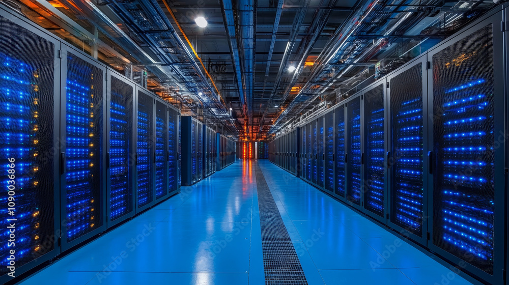 Poster dynamic view of data center filled with blue technology, showcasing rows of servers illuminated by b