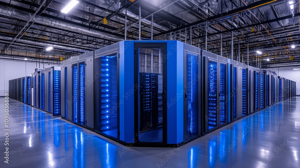 Poster dynamic view of modern data center featuring blue technology and servers. sleek design and illuminat