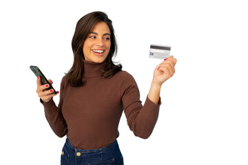 Professional Latina woman making online purchase with phone and credit card
