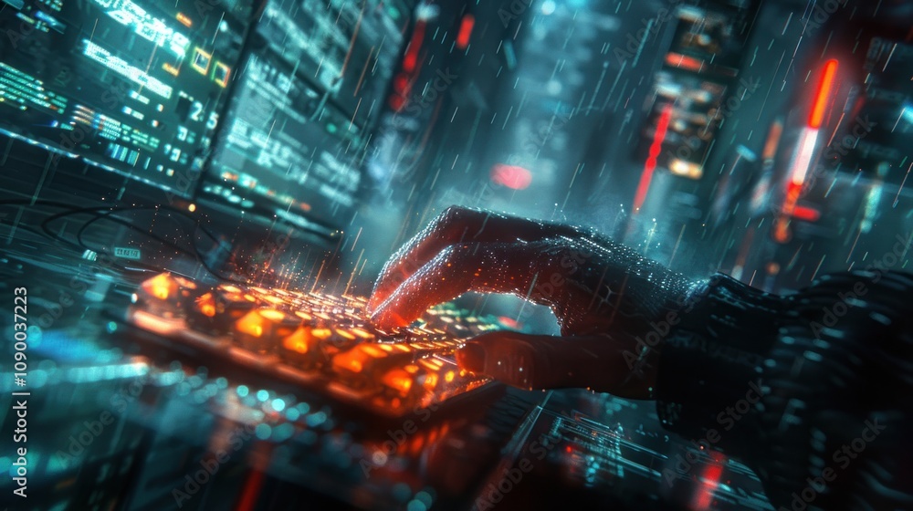 Poster a hand typing on a glowing keyboard in a digital environment.