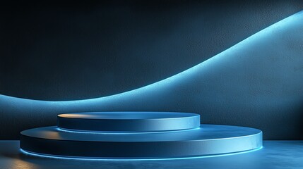 Obraz premium Blue cylindrical podium, dark background, neon light