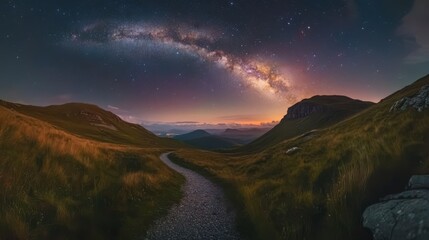 Milky Way arches over a mountain path at night.