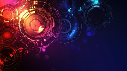 Fototapeta premium Abstract futuristic background design featuring vibrant circular elements with glowing lights and dynamic colors, creating a captivating digital atmosphere.