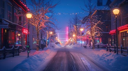 Snowy street scene with festive lights and winter ambiance.