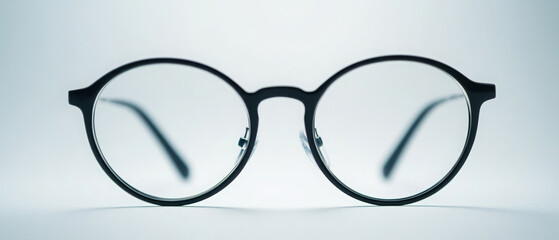 Stylish black round glasses with clear lenses on light background