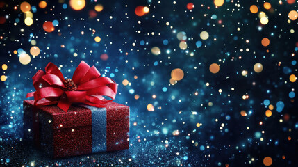 Fototapeta premium beautifully wrapped gift box with red bow, surrounded by colorful bokeh lights, creates festive atmosphere perfect for celebrations