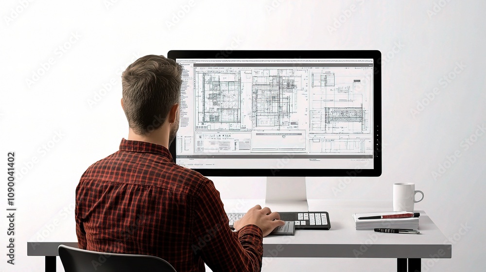 Poster person working on architectural plans at desk with computer screen displaying detailed blueprints an