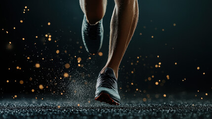 Running legs in motion with splashes of water and dynamic lighting create energetic atmosphere. focus on athletic footwear highlights speed and movement