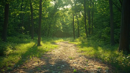 Obraz premium Sunlit path through lush green forest.