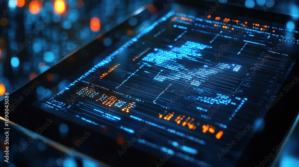 Poster high-tech data visualization on tablet screen with glowing digital code and abstract background, rep