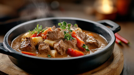 delicious beef stroganoff served in black pot, featuring tender beef, potatoes, and vibrant vegetables, garnished with fresh herbs. warm, inviting dish is perfect for cozy meals
