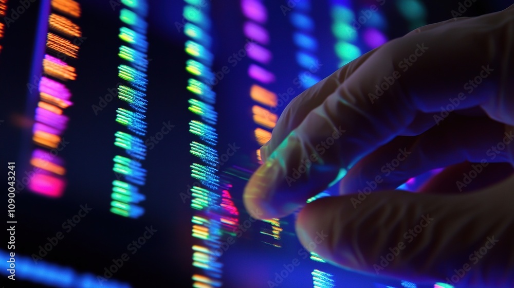 Poster a close-up of a gloved hand manipulating colorful dna sequences on a digital screen with vibrant dat