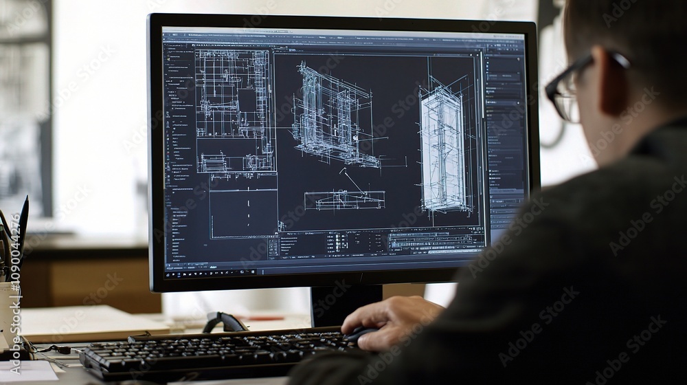 Poster a professional engineer working on architectural plans in a modern office environment with blueprint