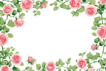 Beautiful pink roses and green leaves create charming border around blank space, perfect for invitations or greeting cards. delicate floral design adds touch of elegance and warmth