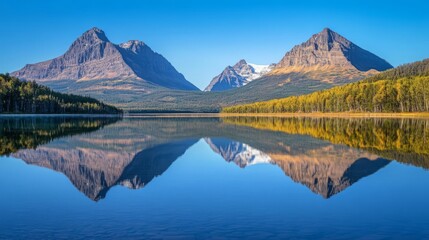 Serene mountain lake reflection in autumn.