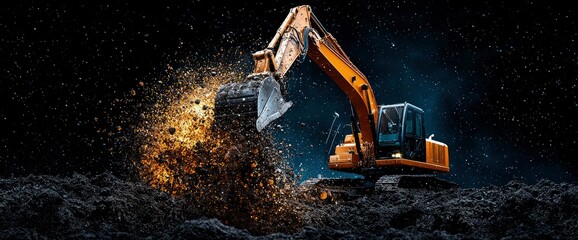 Powerful Excavator Digging at Night, Dramatic Industrial Machinery at Work