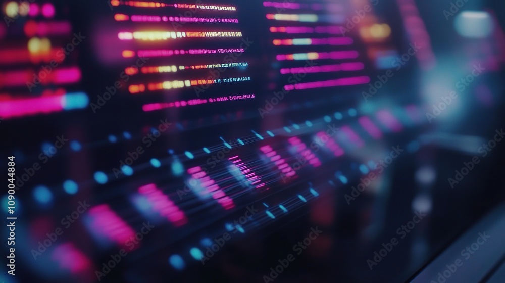 Poster vibrant data visualization display with bright neon colors and abstract patterns on screen for techn