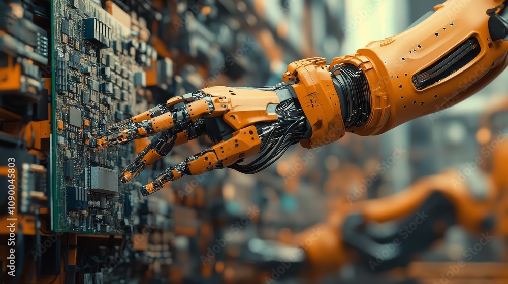 Poster automated robotic arm in action on assembly line welding circuit boards in advanced production facil