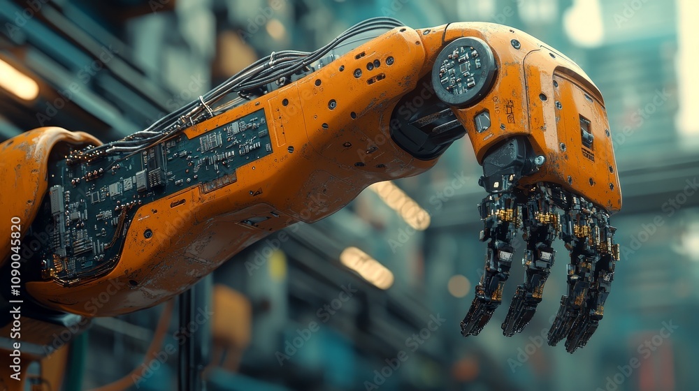 Poster automated robotic arm in action on assembly line welding circuit boards in advanced production facil