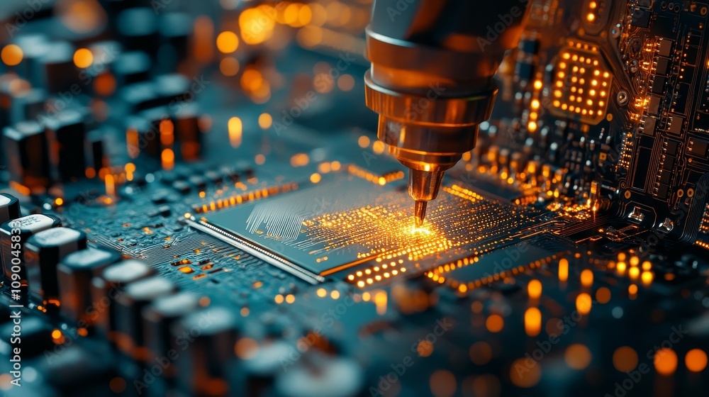 Poster automated robotic arm in action on assembly line welding circuit boards in advanced production facil