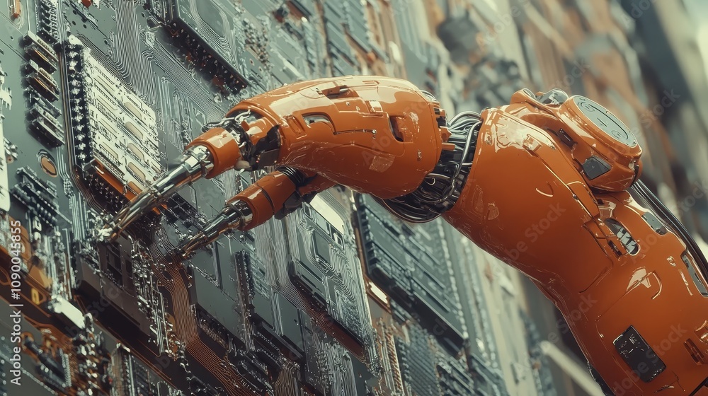 Poster automated robotic arm in action on assembly line welding circuit boards in advanced production facil