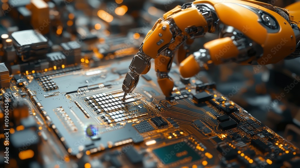 Poster automated robotic arm in action on assembly line welding circuit boards in advanced production facil